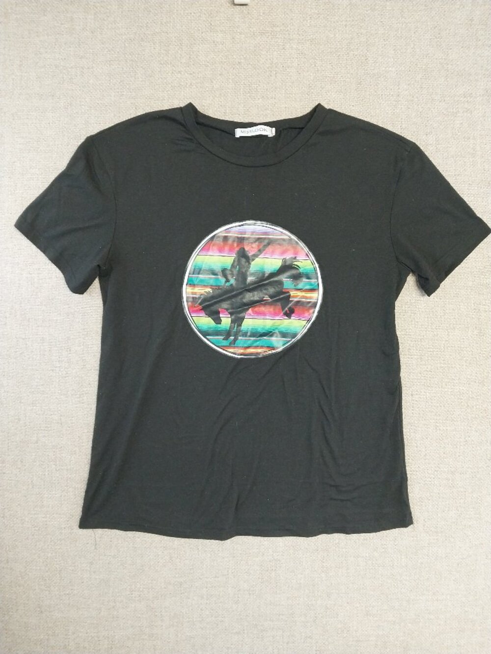 Miss Look Womens Graphic T-Shirt Black Short Sleeve Western Bronco Size Medium